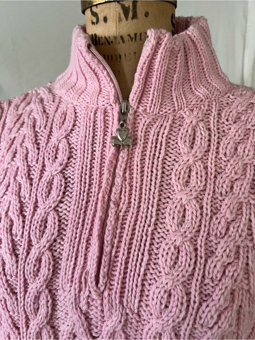 Aran Crafts Pink Merino Wool Quarter Zip Cable Knit Sweater M - Picture 5 of 10